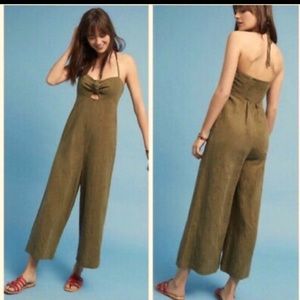 Anthropologie Elevenses Tropicale Olive Green Linen Blend Jumpsuit Size 4